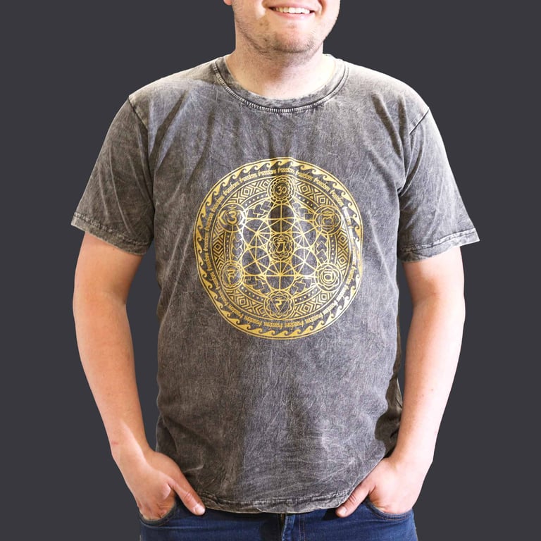 XLarge Stone Washed T-Shirt (Chakra Design) - Dark Grey - Premium Quality