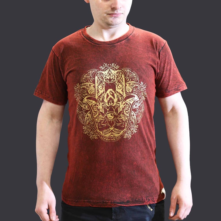 Maroon Stone Washed T-Shirt - Hamsa Design - Small (Brand Name Optional)