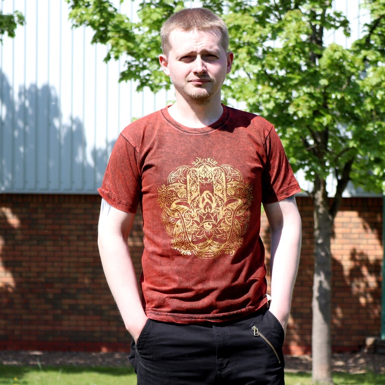 Maroon Stone Washed T-Shirt - Hamsa Design - Small (Brand Name Optional)