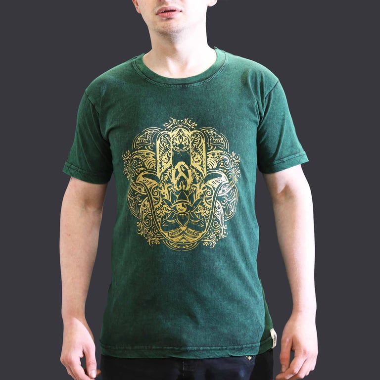 Green Stone-Washed T-Shirt - Hamsa Design - Small (SEO friendly)