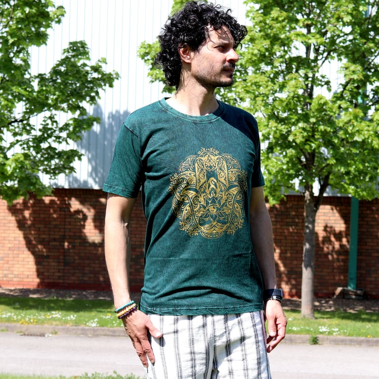 Green Stone-Washed T-Shirt - Hamsa Design - Small (SEO friendly)