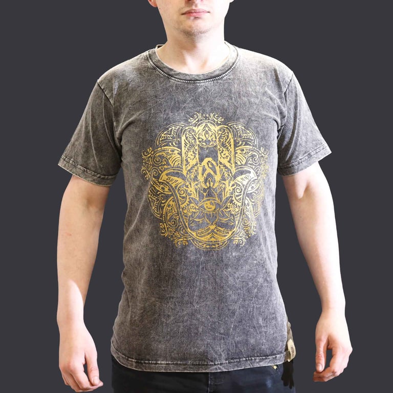 Grey Stone-Washed T-Shirt (Small) - Hamsa Design