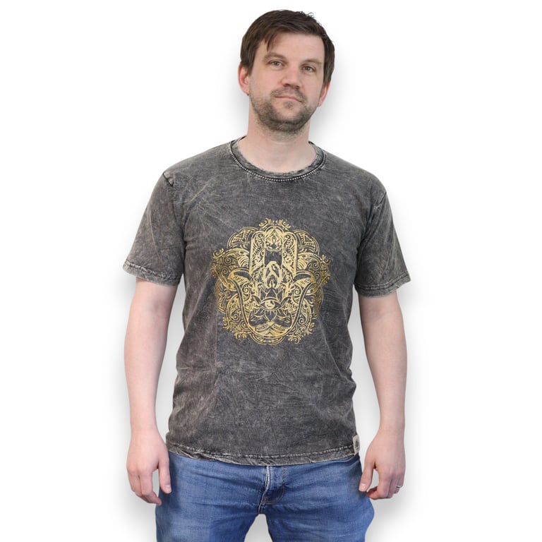 Grey Stone-Washed T-Shirt (Small) - Hamsa Design
