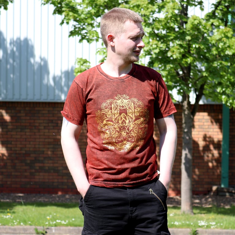 Medium Stone Wash T-Shirt (Hamsa Design) - Maroon