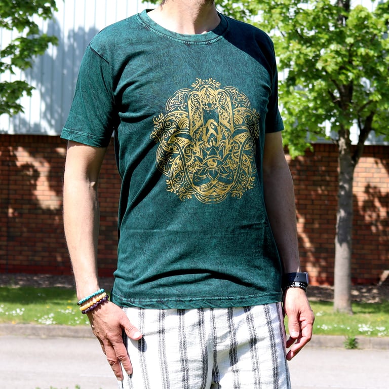 Green Stone Washed T-Shirt (Medium) - Hamsa Design