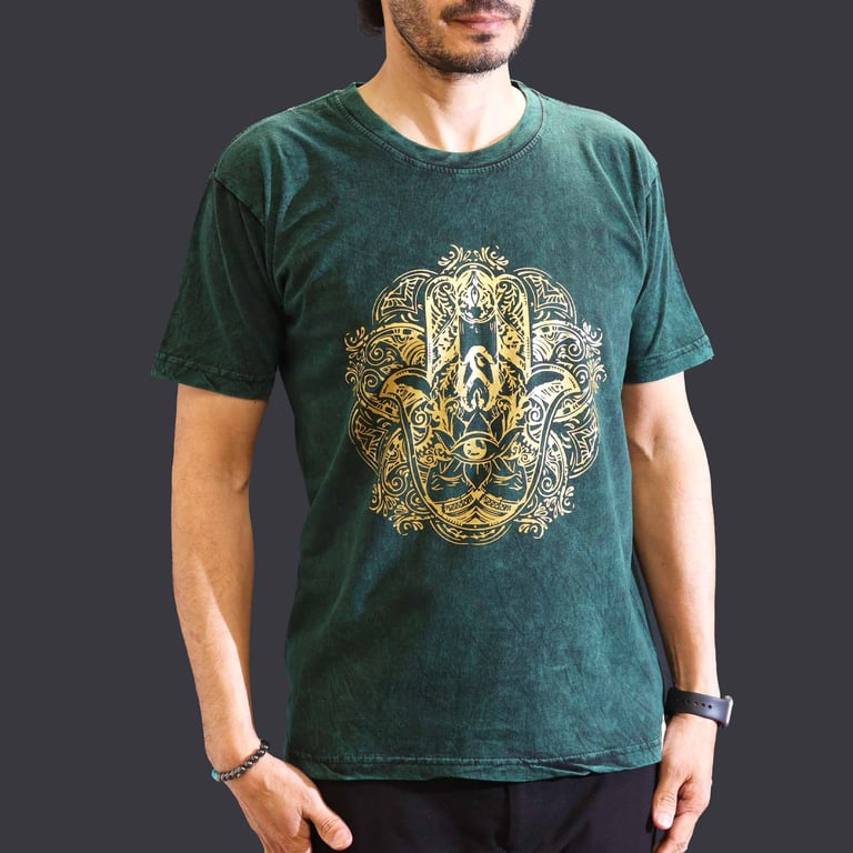 Green Stone Washed T-Shirt (Medium) - Hamsa Design