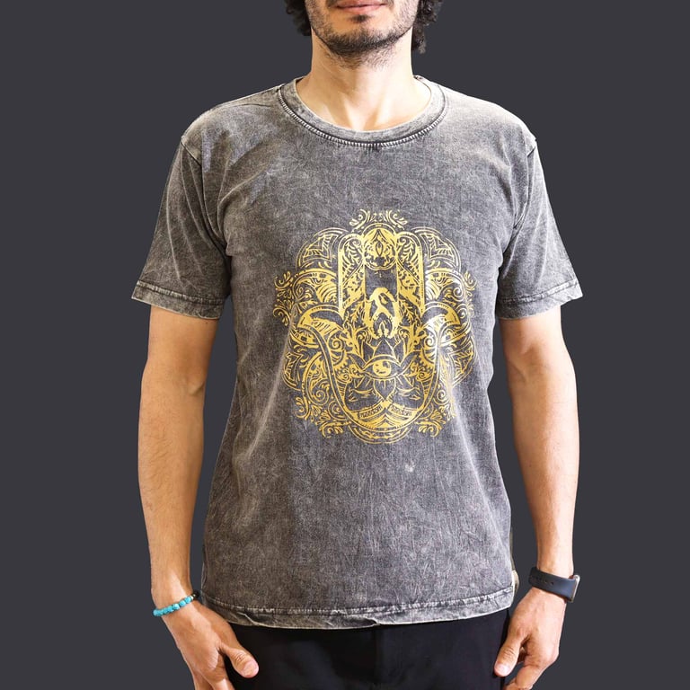 Grey Stone Wash T-Shirt (Medium) - Hamsa Design