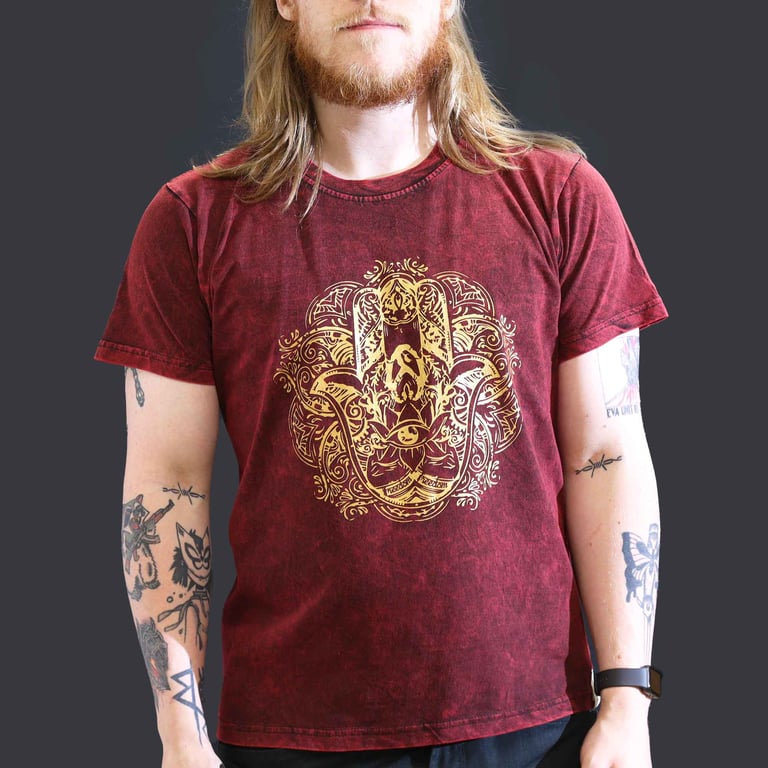 Maroon Stone Washed T-Shirt - Large Hamsa Design (Brand)