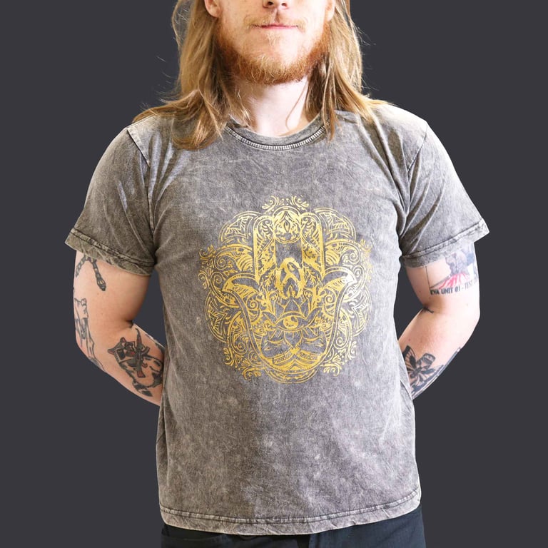 Large Stone-Washed T-Shirt - Hamsa Design - Dark Grey (XXL)
