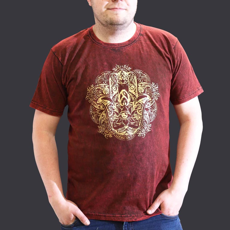 XLarge Stone Wash T-Shirt - Hamsa Design - Maroon (XXL)