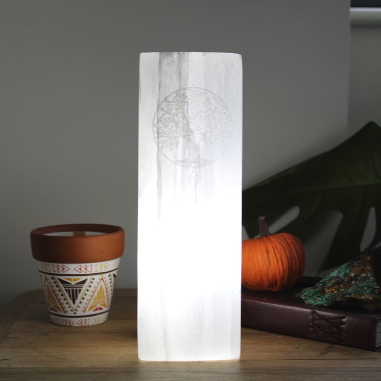 25cm Selenite Block Lamp (Tree of Life Design) - Natural Ambiance Lighting