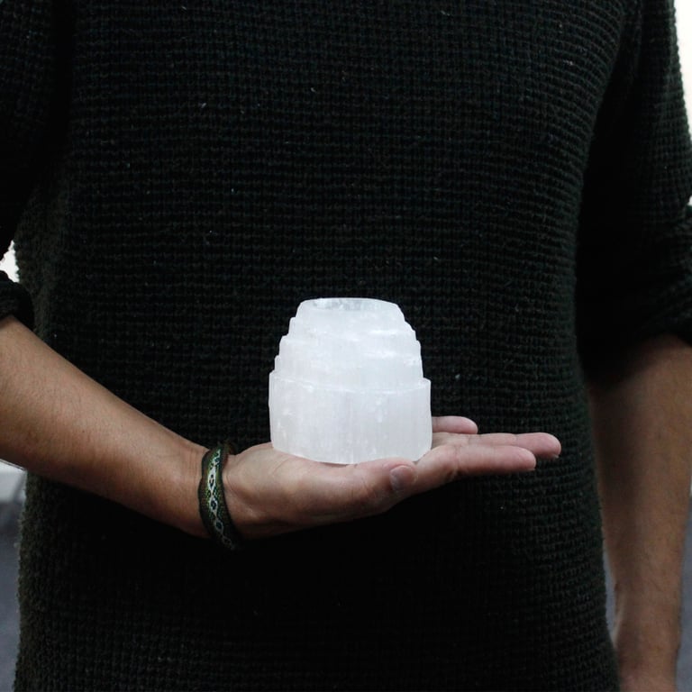Selenite Mountain Top Crystal Candle Holder, 8 cm Decorative Holder for Home or Office