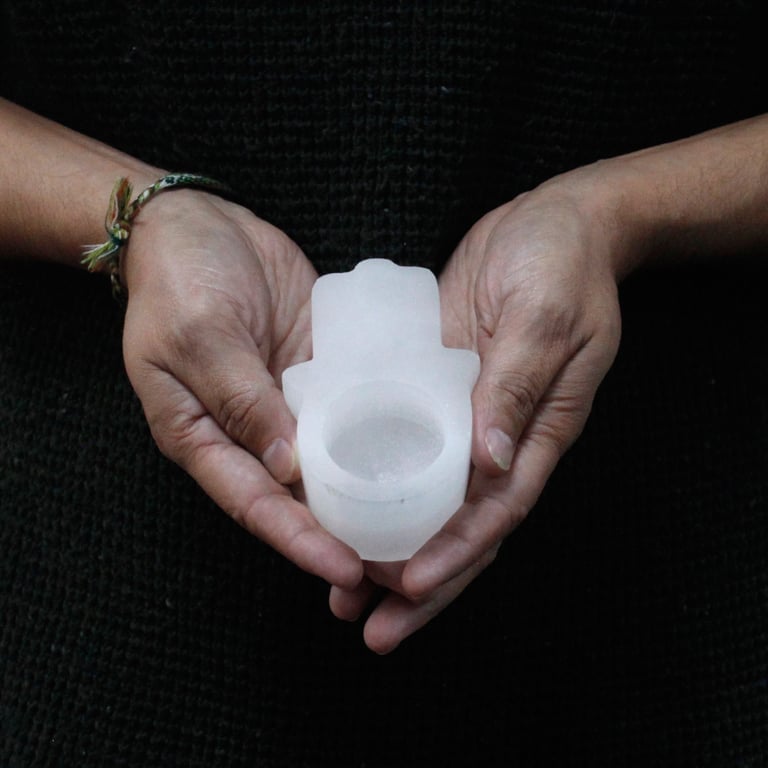 Selenite Hamsa Protective Candle Holder - Spiritual Home Decor