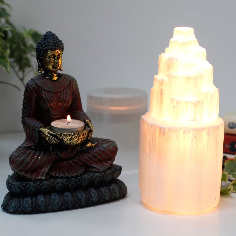 Selenite Tower Lamp (20 cm) - Natural Amber Mood Lighting