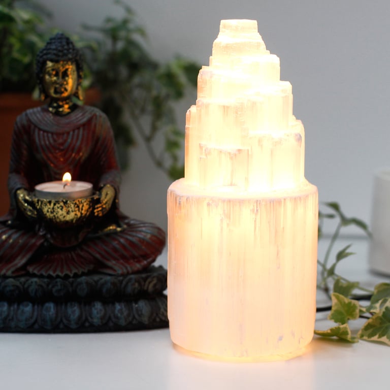 Selenite Tower Lamp (20 cm) - Natural Amber Mood Lighting