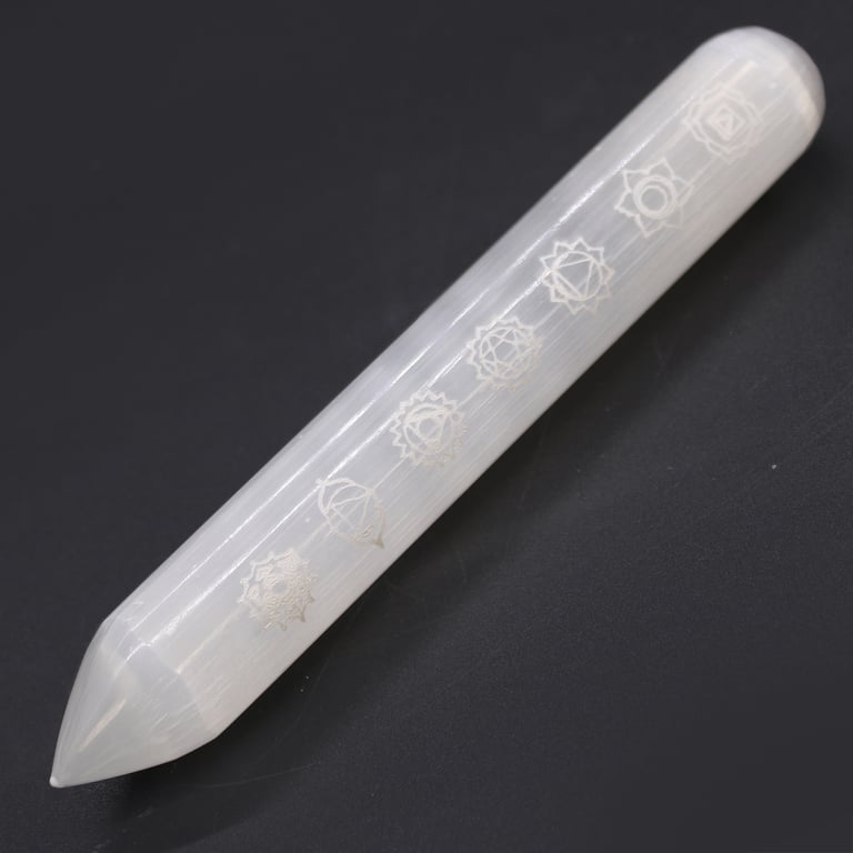Selenite 7 Chakra Crystal Wand - Pointed End, 16cm Length for Energy Balance and Harmony