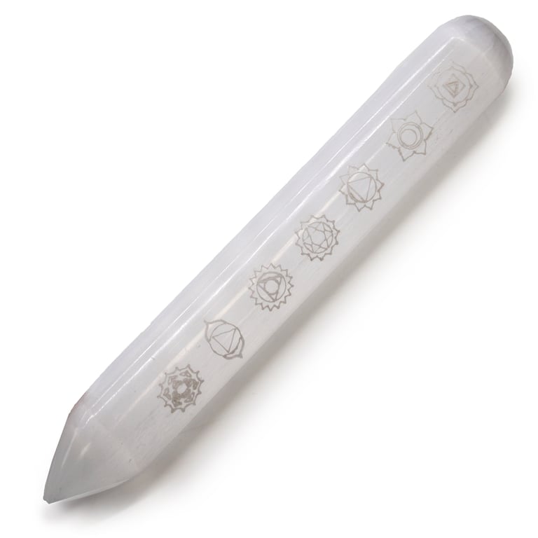 Selenite 7 Chakra Crystal Wand - Pointed End, 16cm Length for Energy Balance and Harmony