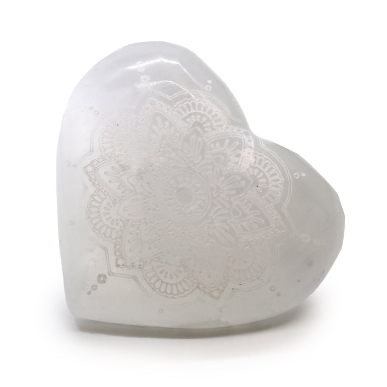 7-8cm Selenite Heart with Mandala Engraving - Healing Crystal and Spiritual Decoration