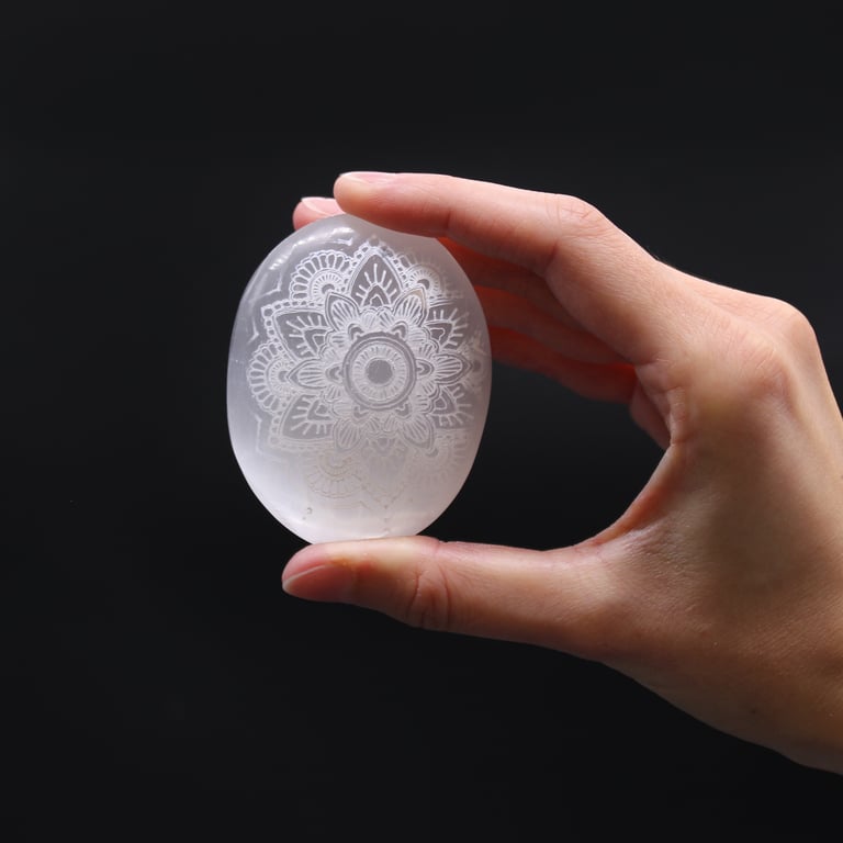 Selenite Mandala Engraved Palm Stone - Spiritual Healing Crystal for Mindfulness and Meditation Aid
