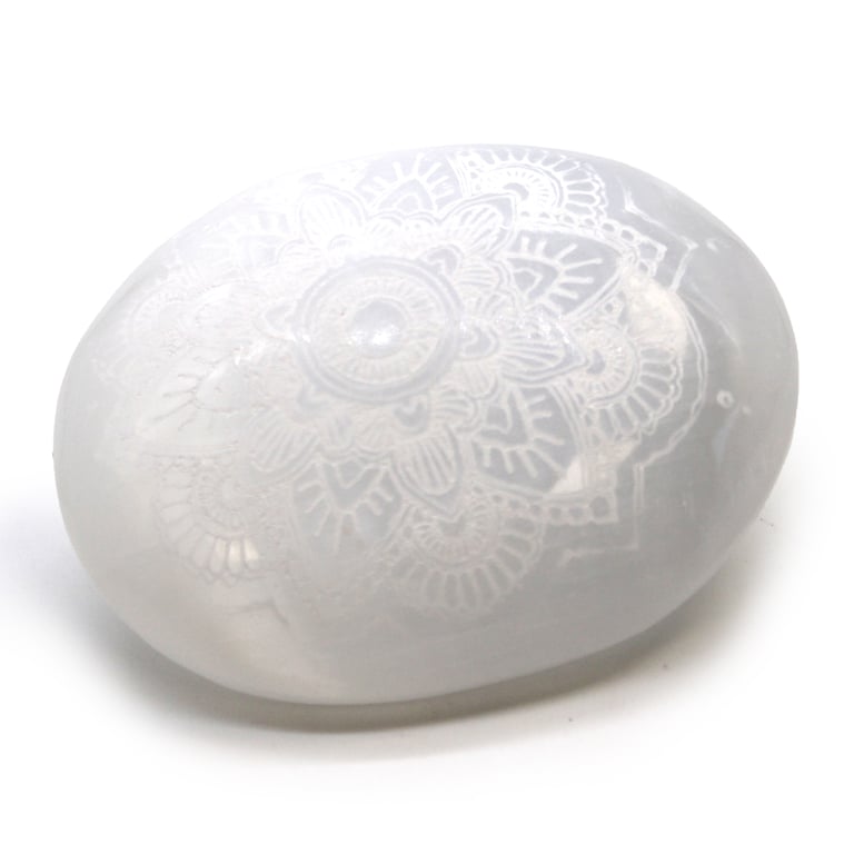 Selenite Mandala Engraved Palm Stone - Spiritual Healing Crystal for Mindfulness and Meditation Aid