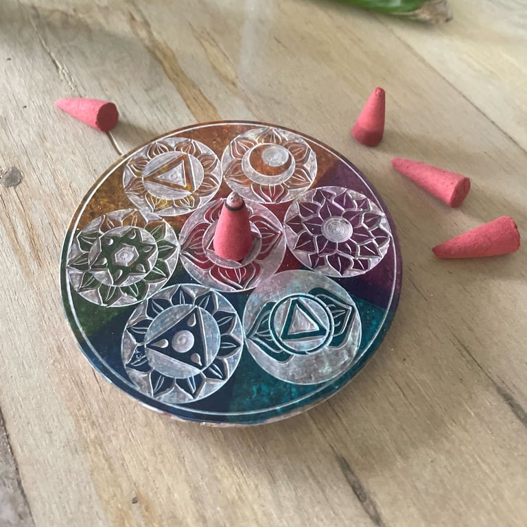 Soapstone 7 Chakra Incense Cone Holder - 10cm Durable and Harmonious Design
