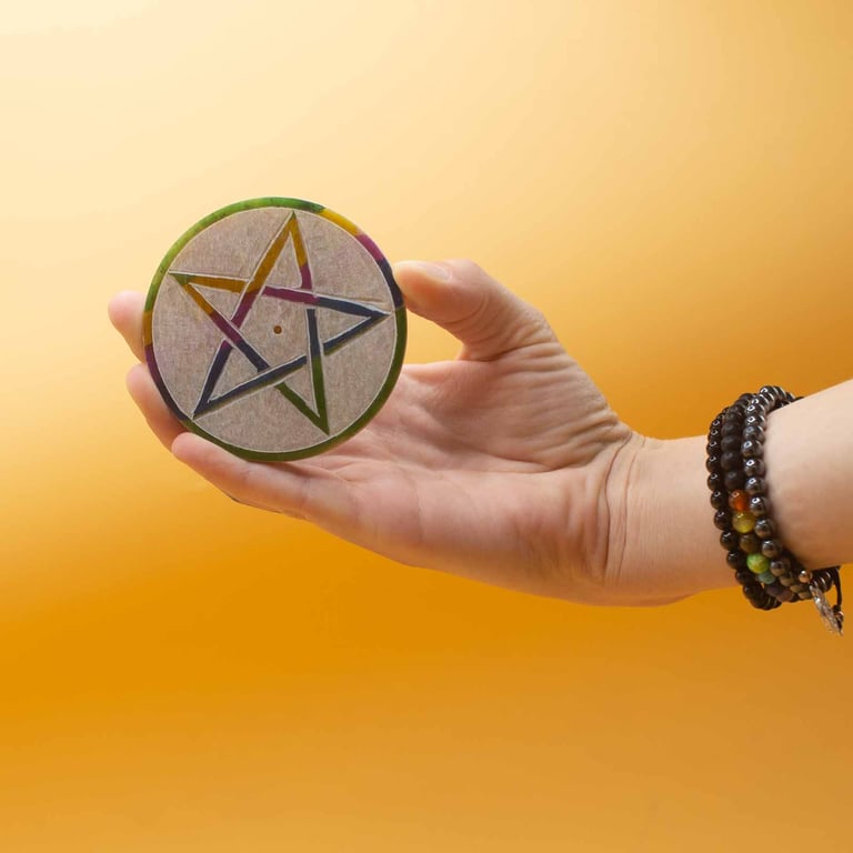 Soapstone Pentagon Incense Holder - 8cm Wooden Stand