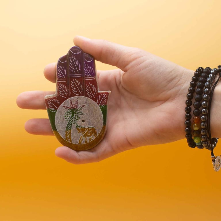 Soapstone Hamsa Incense Holder - Elephant & Palm Design Home Decor Accessory