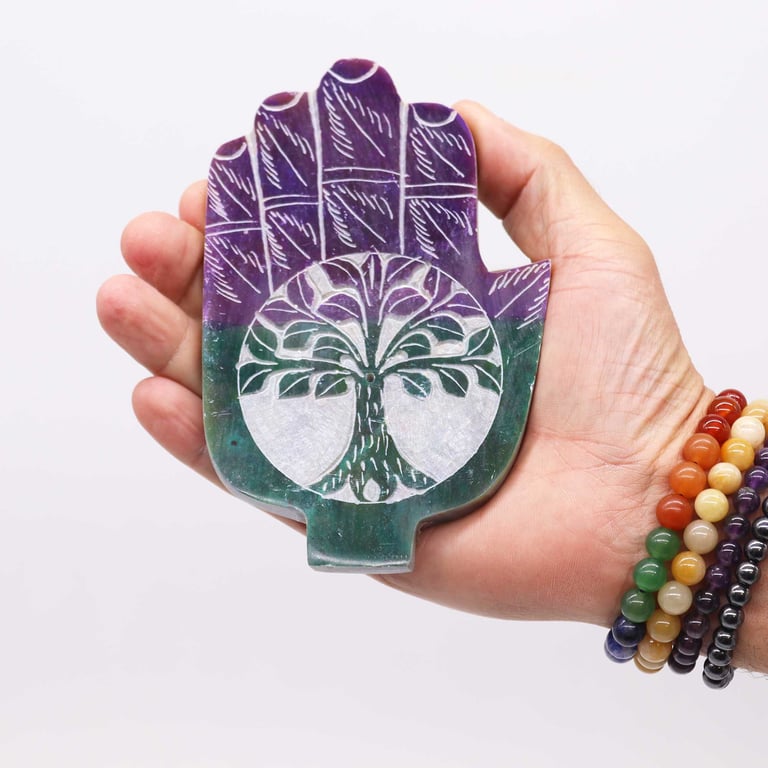 Soapstone Med Hamsa Incense Holder - Tree of Life Design