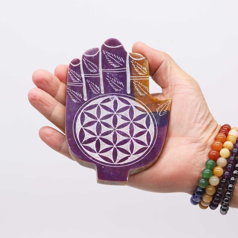 Soapstone Med Hamsa Incense Holder - Flower of Life Design