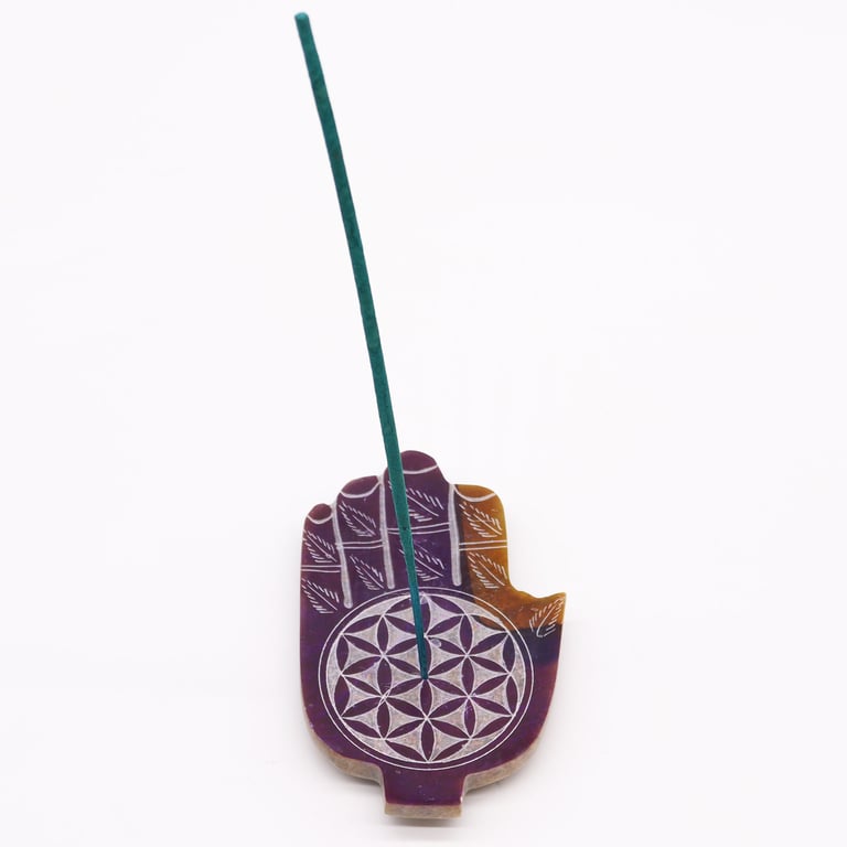 Soapstone Med Hamsa Incense Holder - Flower of Life Design
