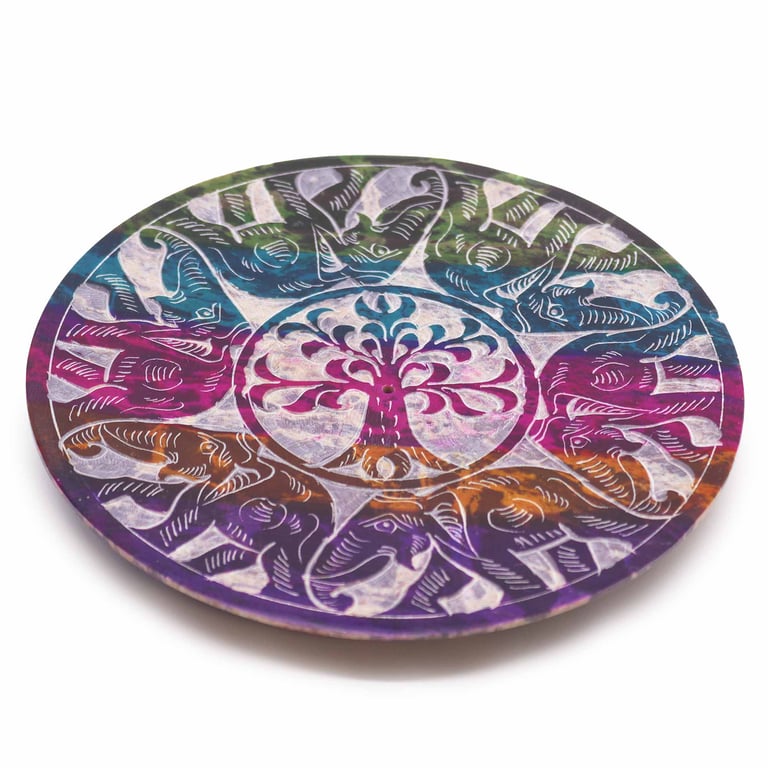 Natural Soapstone Disc Incense Holder - Lucky 6 Elephants Meditation Burner
