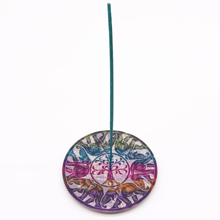 Natural Soapstone Disc Incense Holder - Lucky 6 Elephants Meditation Burner