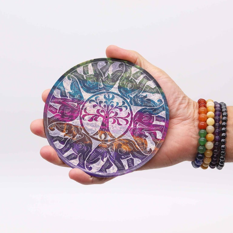 Natural Soapstone Disc Incense Holder - Lucky 6 Elephants Meditation Burner