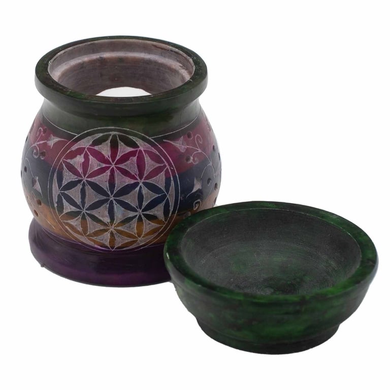10cm Soapstone Oil Burner (Flower of Life, Multi-Colored) - Aromatherapy Essential