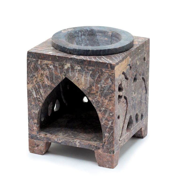 Square Soapstone Elephant Oil Burner - Essential Oil Diffuser & Home Fragrance Aroma Lamp