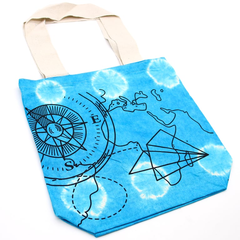 Tye-Dye Cotton Bag - 6oz Canvas with Natural Handle and Compass Detailing, Blue Tye Dye Design