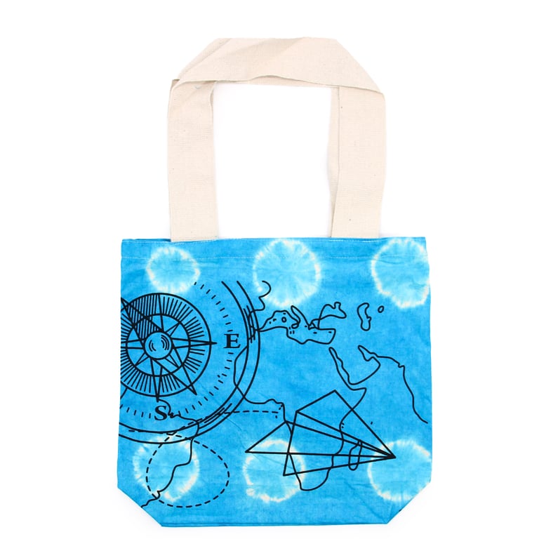 Tye-Dye Cotton Bag - 6oz Canvas with Natural Handle and Compass Detailing, Blue Tye Dye Design