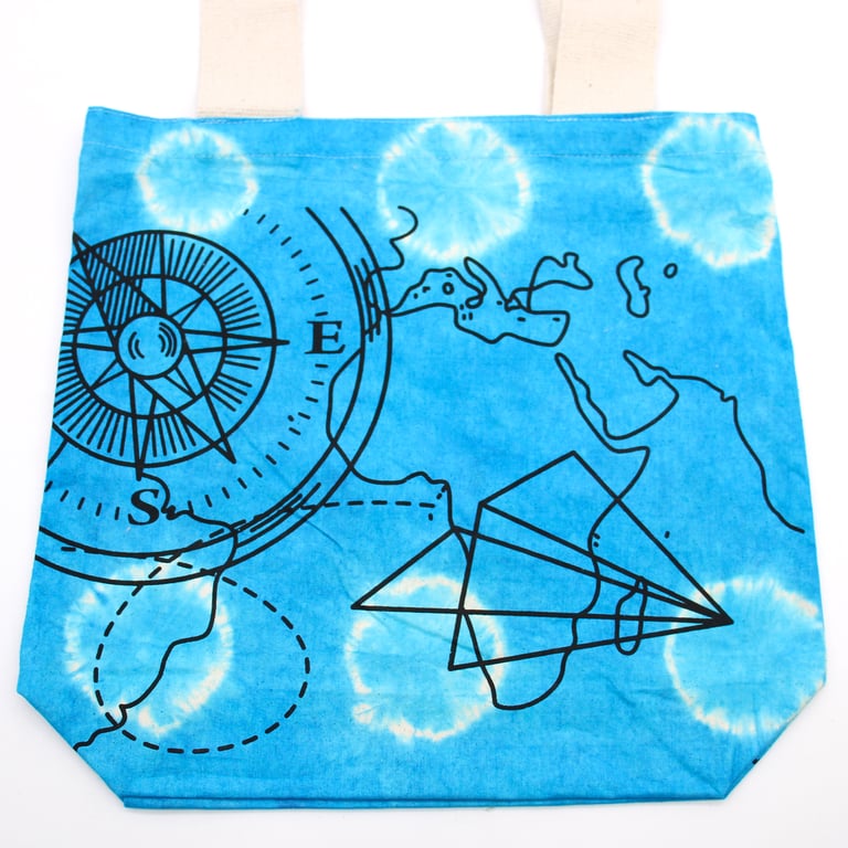 Tye-Dye Cotton Bag - 6oz Canvas with Natural Handle and Compass Detailing, Blue Tye Dye Design