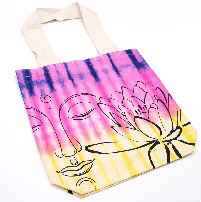 Tye-Dye Cotton Bag - Multi Color Design, Natural Handle, Lotus Buddha Print, 6oz Cotton Construction
