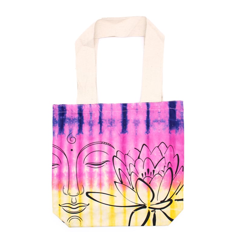 Tye-Dye Cotton Bag - Multi Color Design, Natural Handle, Lotus Buddha Print, 6oz Cotton Construction