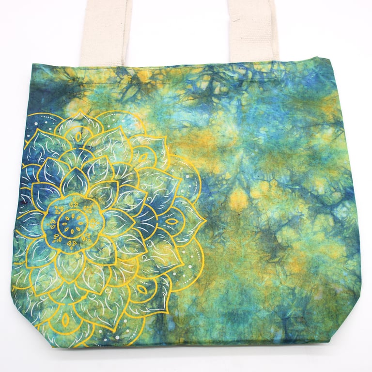 Mandela Tye-Dye Cotton Tote Bag - 6oz, Green/Blue Print, Natural Handle, Reusable and Eco-Friendly Cotton Bag