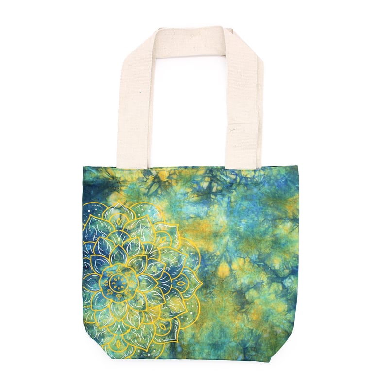 Mandela Tye-Dye Cotton Tote Bag - 6oz, Green/Blue Print, Natural Handle, Reusable and Eco-Friendly Cotton Bag
