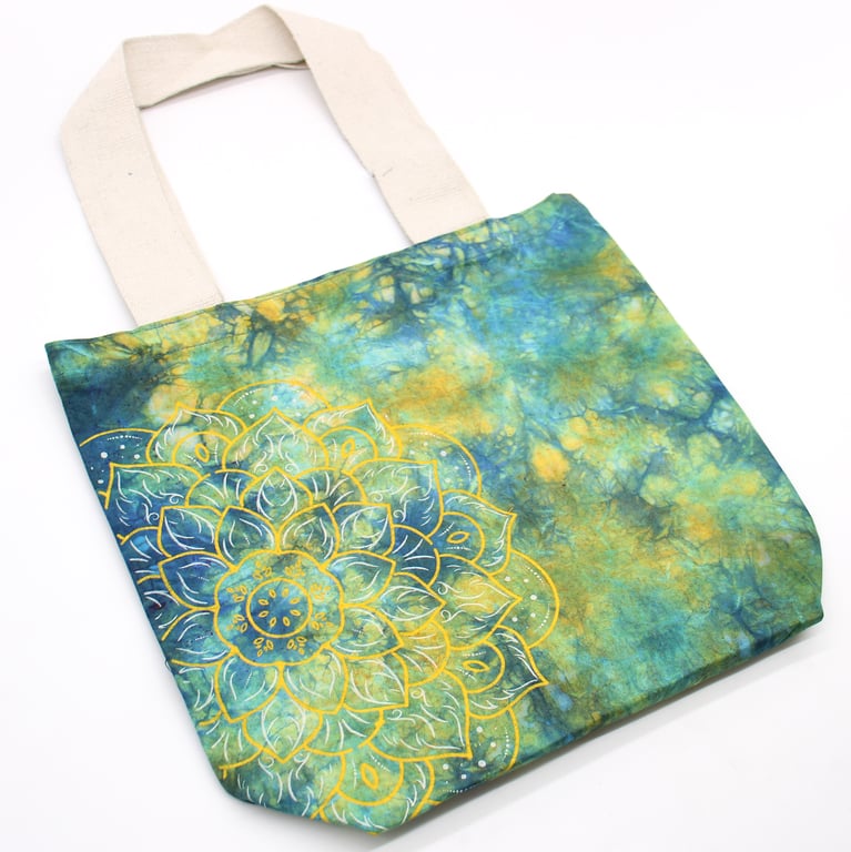 Mandela Tye-Dye Cotton Tote Bag - 6oz, Green/Blue Print, Natural Handle, Reusable and Eco-Friendly Cotton Bag