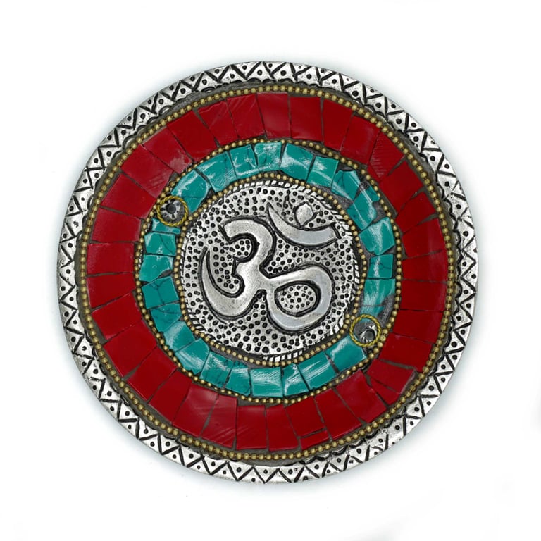 Tibetan Decor Om Plate Cone & Stick Holder - Traditional Ethnic Home Decor Accessory