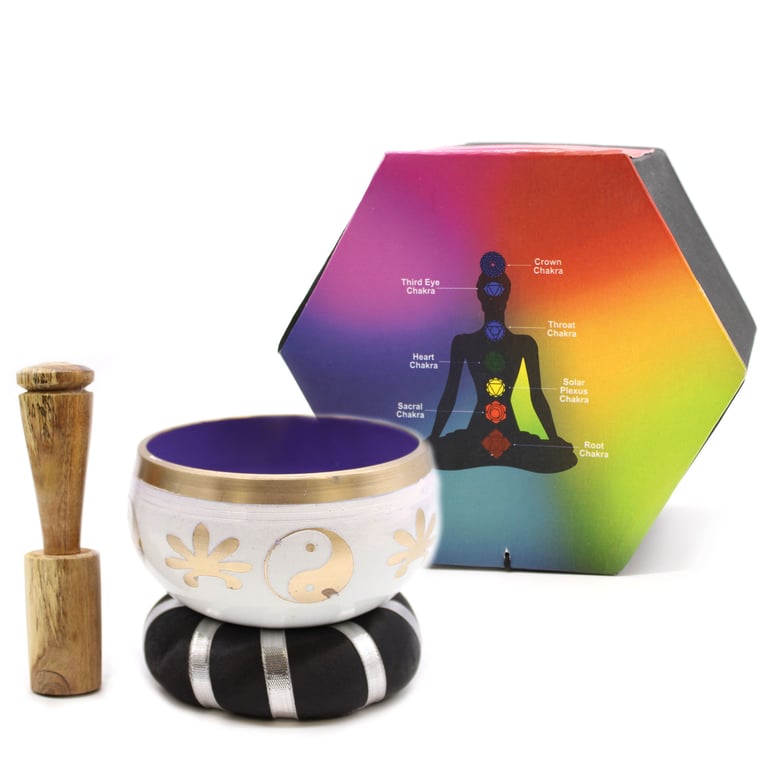 10.7cm White/Purple Yin Yang Singing Bowls Set - Meditation Aid for Stress Relief