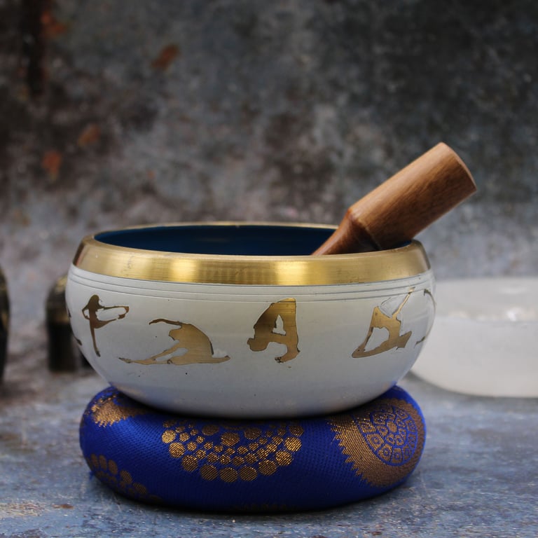 14cm White/Blue Yoga Singing Bowl Set (Meditation Accessory)