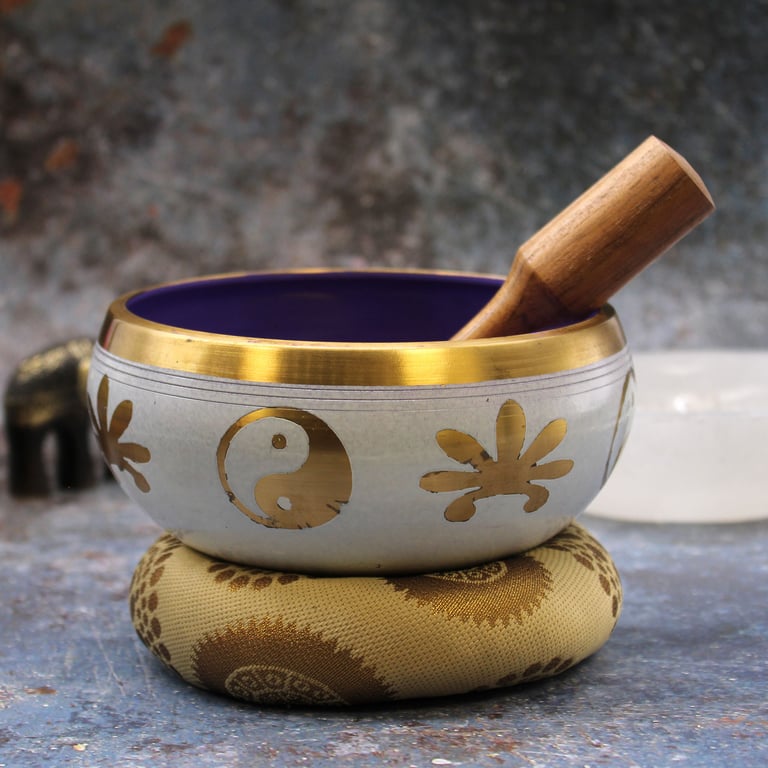 14cm White/Purple Yin & Yang Singing Bowls Set - For Mindfulness & Relaxation