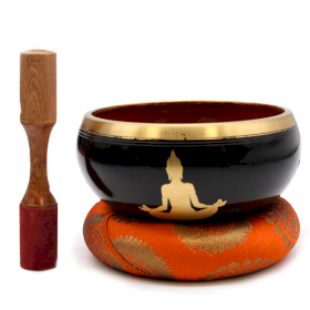 Black/Orange 14cm Buddha Singing Bowl Set - High Quality Meditation Tool