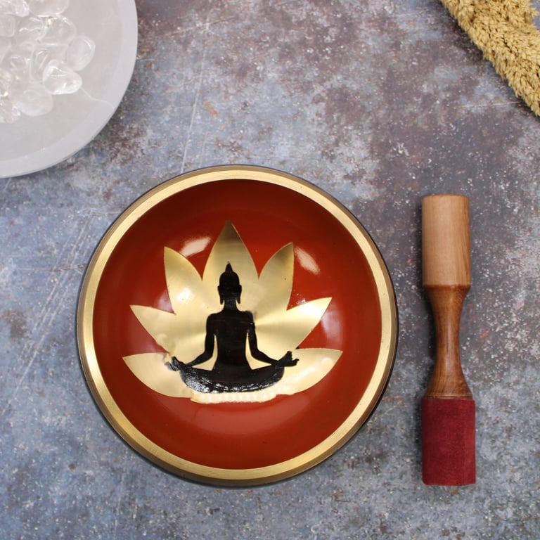 Black/Orange 14cm Buddha Singing Bowl Set - High Quality Meditation Tool