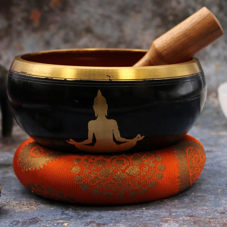 Black/Orange 14cm Buddha Singing Bowl Set - High Quality Meditation Tool